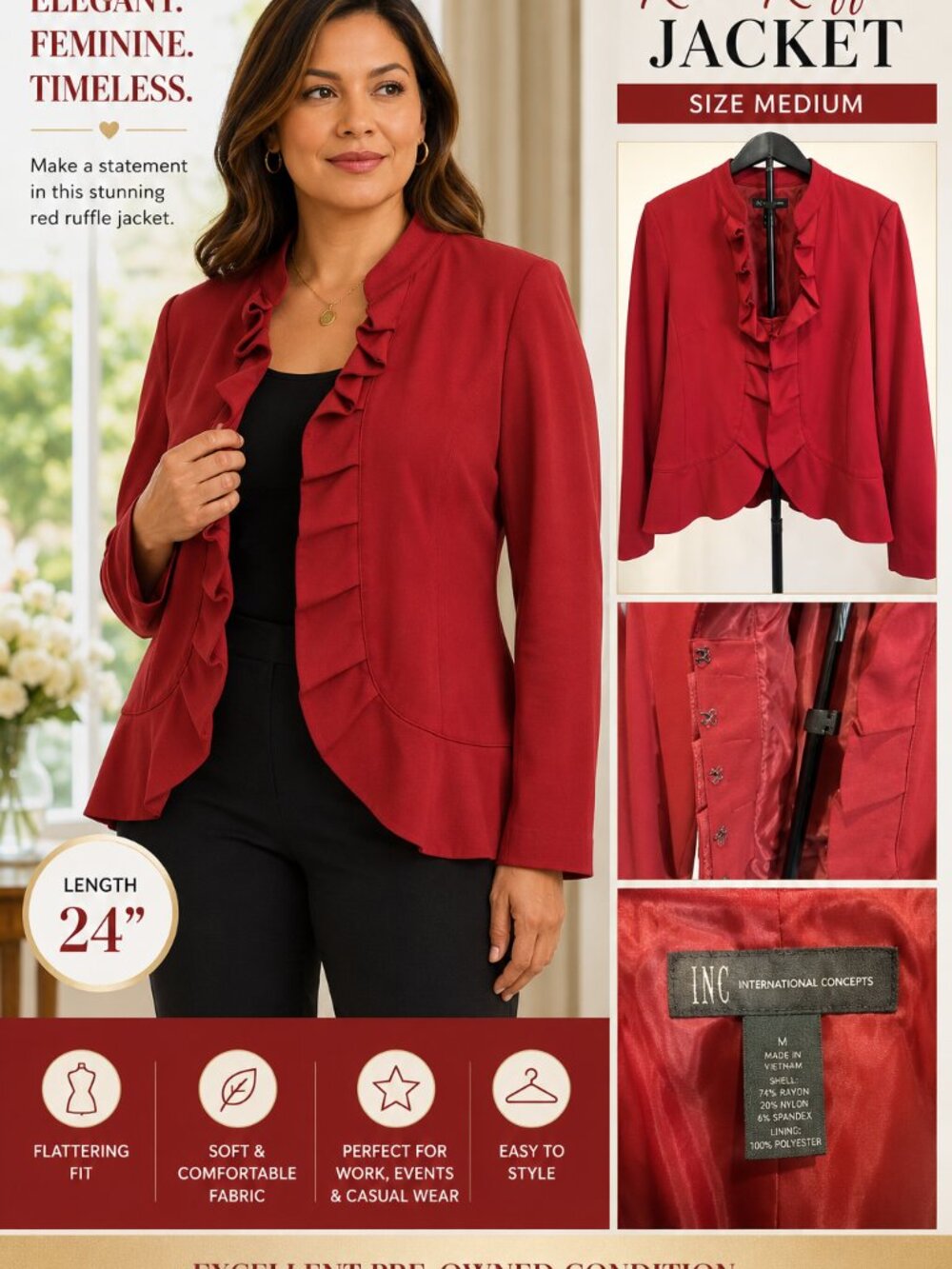 INC International Concepts Red Ruffle Jacket Women's Medium Career Blazer